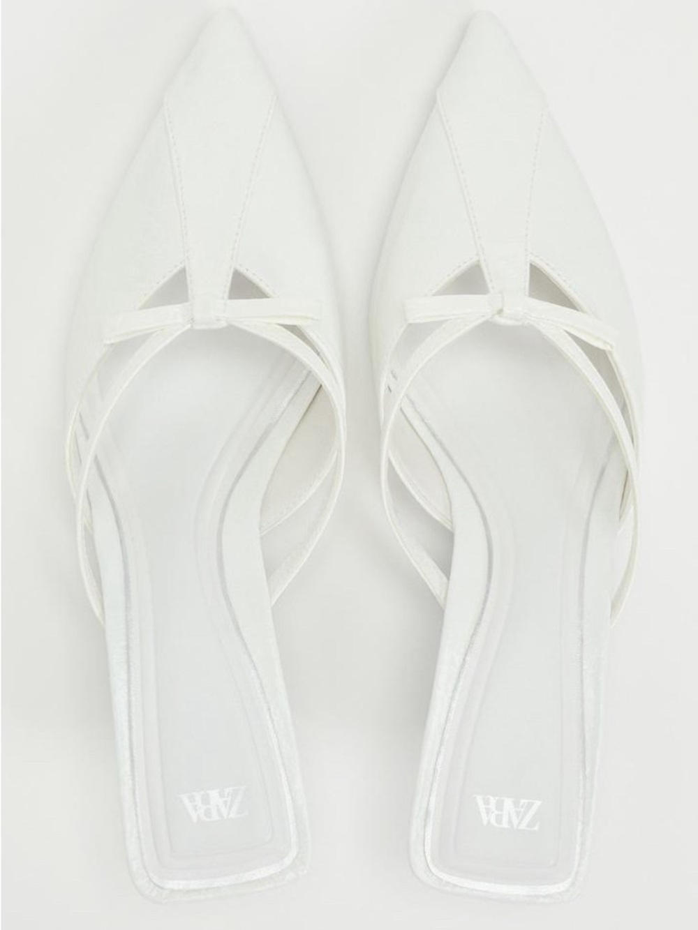Zara White Pointed Bow-Accent Slip-On Kitten Heel Mules Size 10